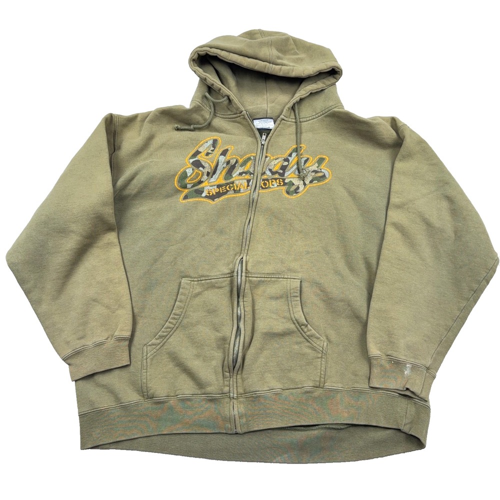 Vintage Y2K Shady Hoodie Men XL Olive Green Full Zip Emenim Faded Distressed